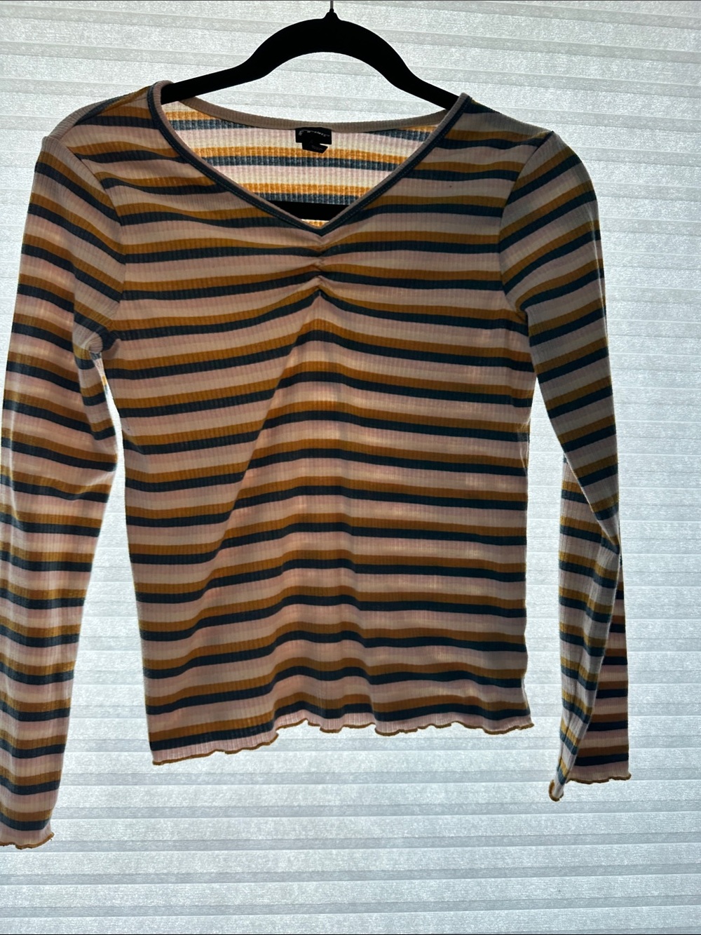 Children's Striped V-Neck Long Sleeve Top in White, Navy & Mustard